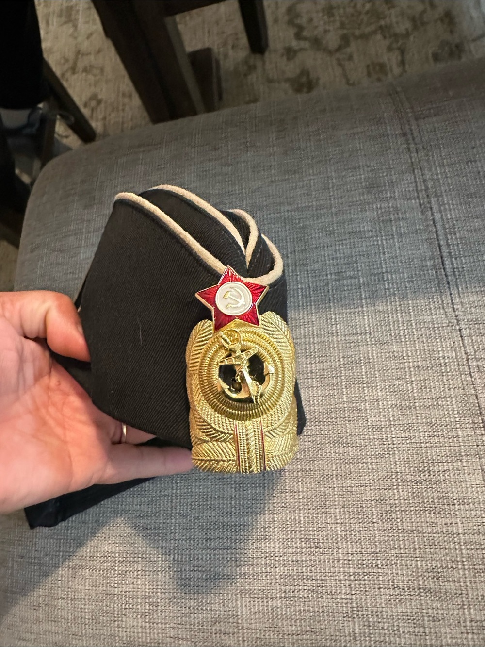 Vtg Soviet Military-Style Side Cap with Gold Emblem